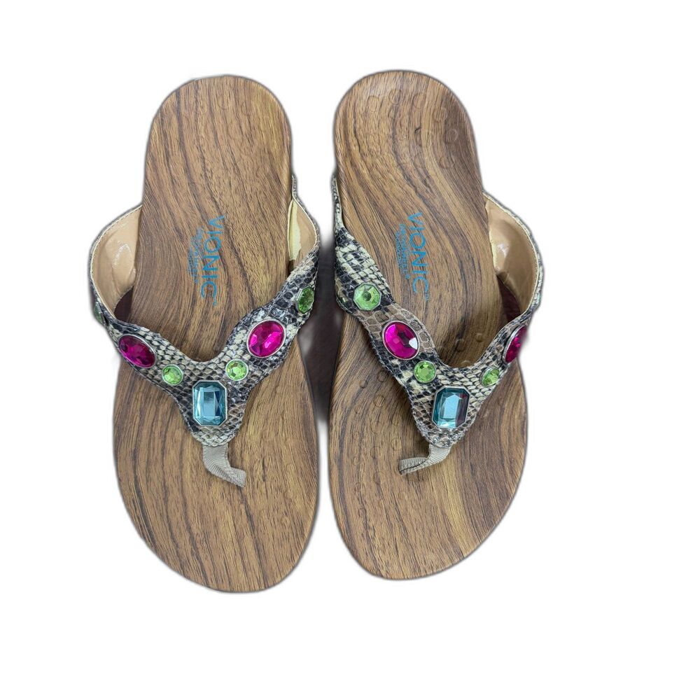 Vionic Floriana orthotic thong sandals snakeskin w/gemstones Women's size 10 W